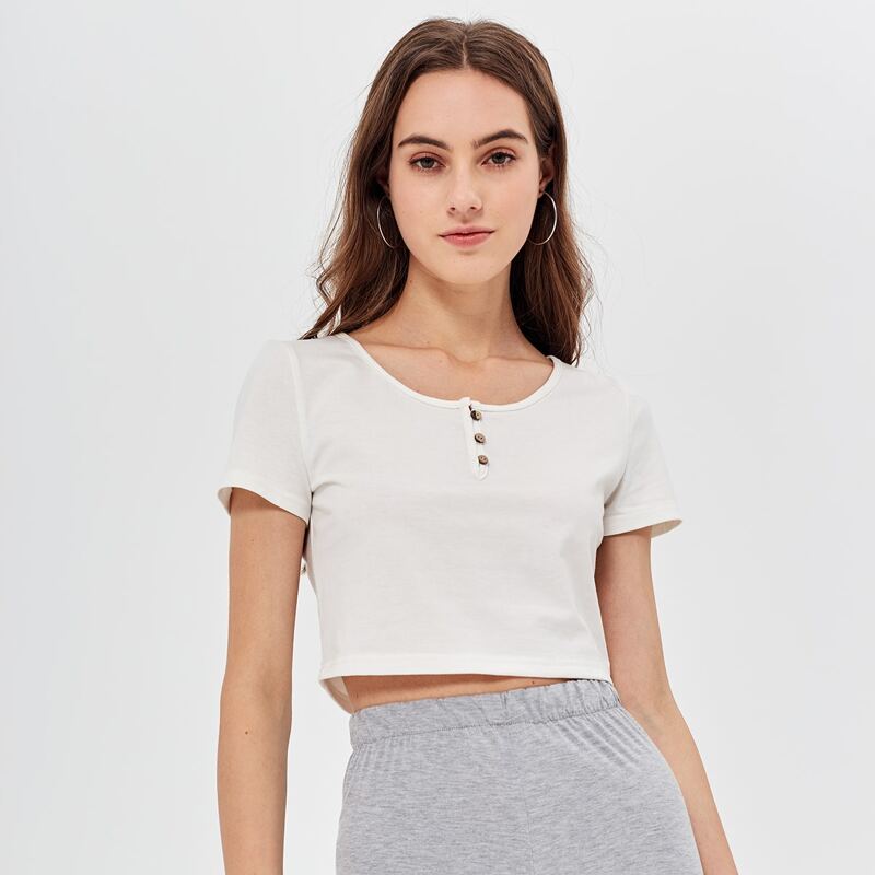 

Button Crop Tee, White