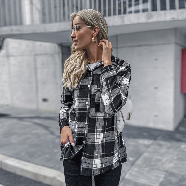 

Plaid Pocket Front Drop Shoulder Blouse, Black and white