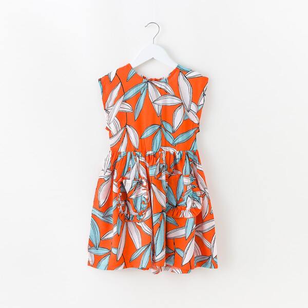 

Girls Double Pocket Allover Plants Print Dress, Multicolor