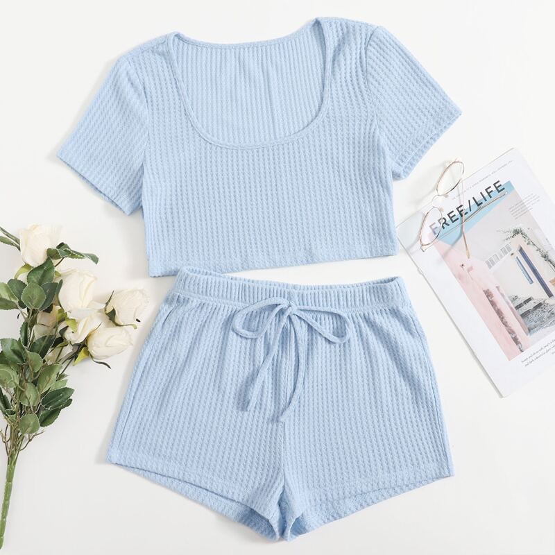 

Waffle Knit Solid Lounge Set, Baby blue