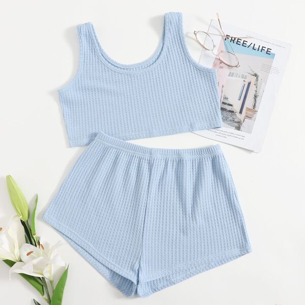 

Waffle Knit Tank Lounge Set, Baby blue