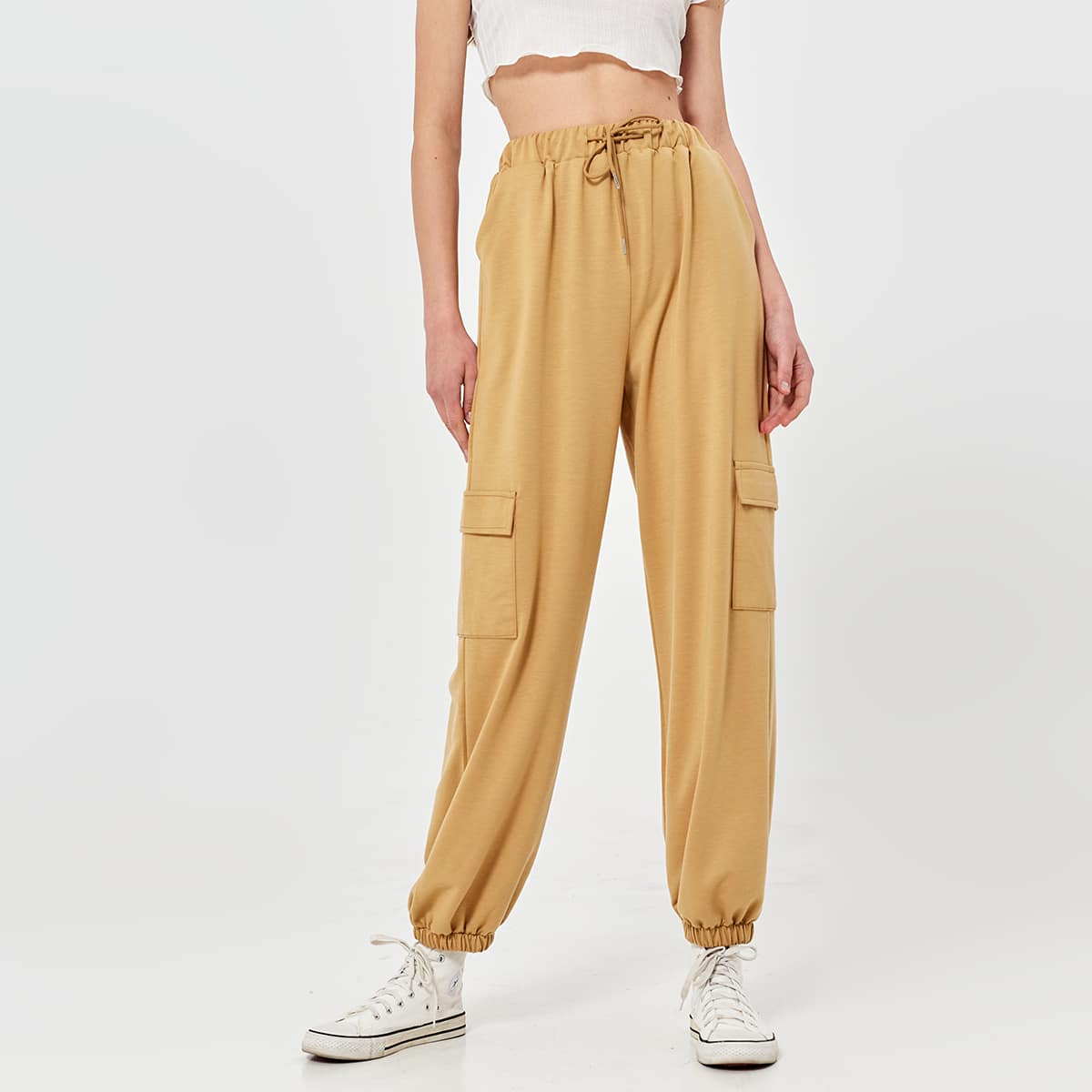 

Solid Drawstring Cargo Sweatpants, Khaki
