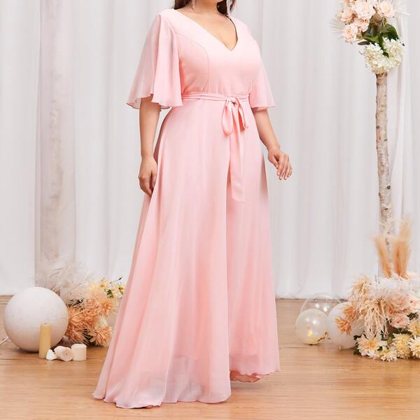 

Plus Double V-neck Flutter Sleeve Belted Maxi Prom Dress, Baby pink