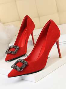 Buckle Decor Stiletto Court Heels - Red - View 1