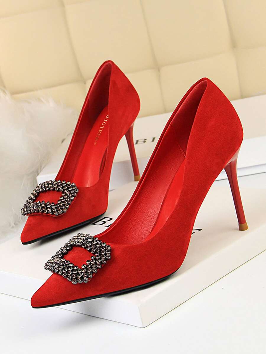 Buckle Decor Stiletto Court Heels - Red - View 1