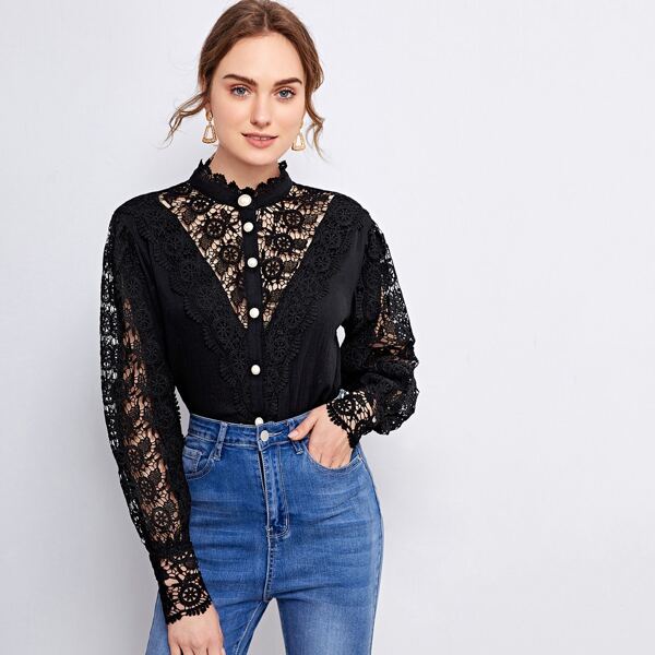

Buttoned Front Guipure Lace Insert Blouse, Black
