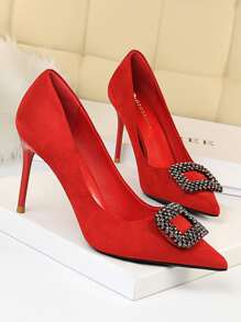 Buckle Decor Stiletto Court Heels - Red - View 3