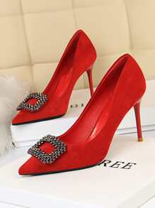 Buckle Decor Stiletto Court Heels - Red - View 4