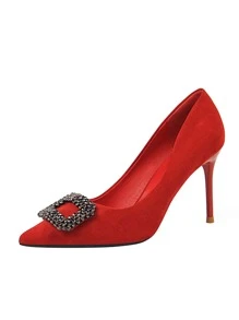 Buckle Decor Stiletto Court Heels - Red - View 7