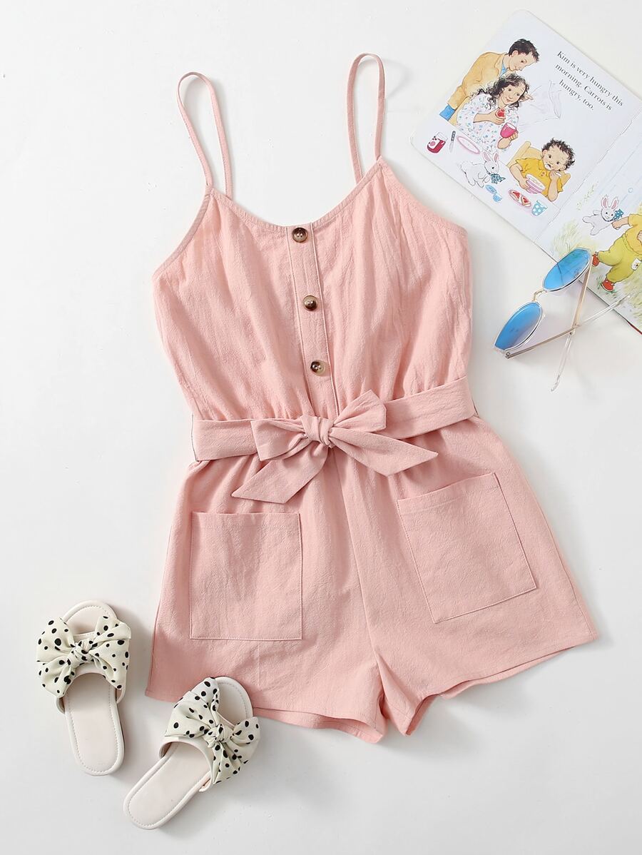 SHEIN Tween Girl Buttoned Front Self Belted Pocket Patched Slip Romper ...