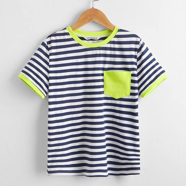 

Boys Pocket Patched Striped Ringer Tee, Blue and white