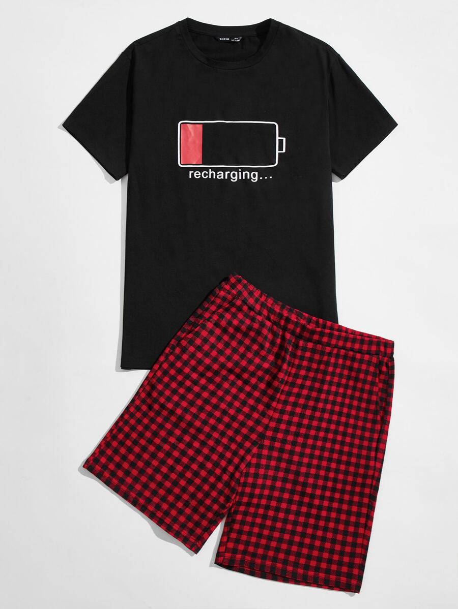 SHEIN Men Letter Graphic Top & Gingham Shorts PJ Set - Multicolor - View 1