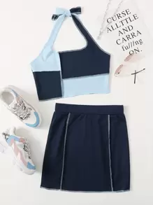 Top halter de color combinado con puntada con falda - Azul Marino - Ver 1
