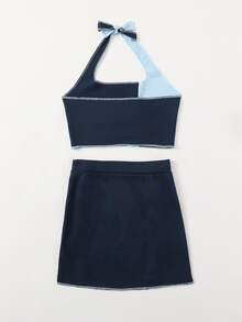 Top halter de color combinado con puntada con falda - Azul Marino - Ver 2