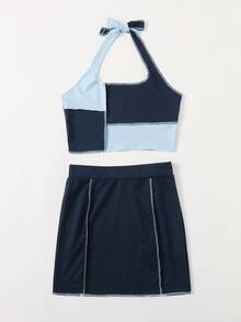 Top halter de color combinado con puntada con falda - Azul Marino - Ver 3