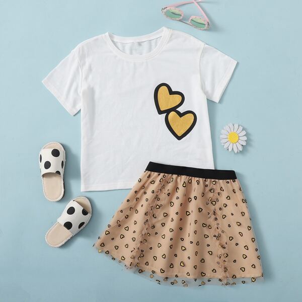 

Toddler Girls Heart Print Tee & Mesh Overlay Skirt, Multicolor