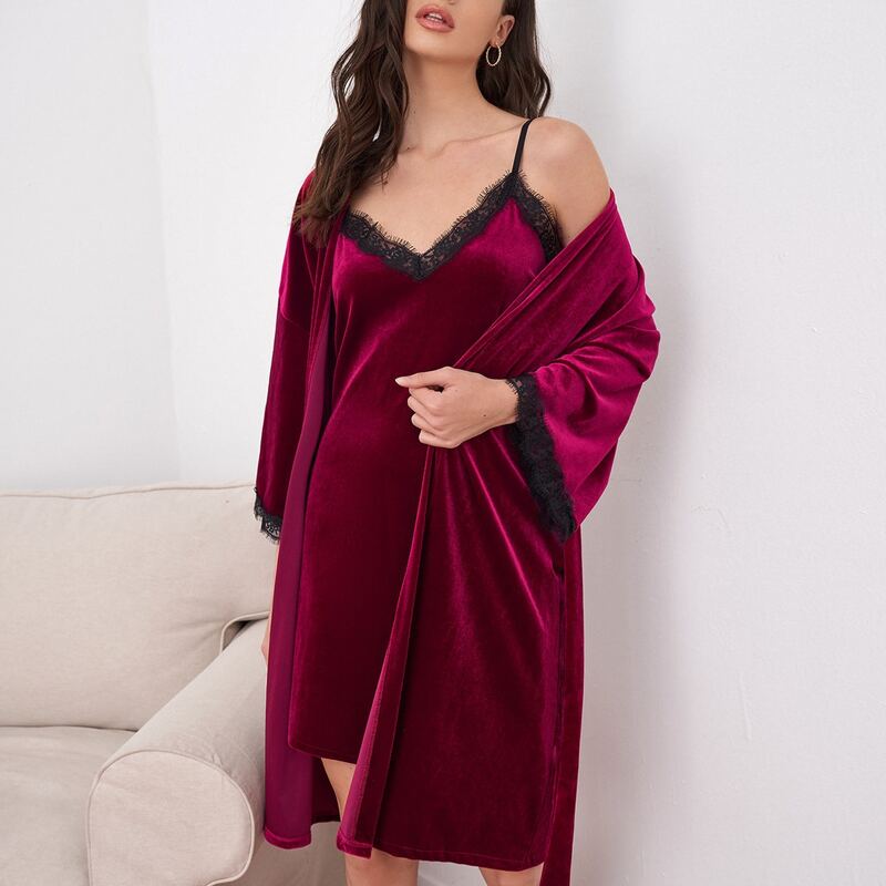 

Velvet Lace Trimed Belted Night Set, Maroon