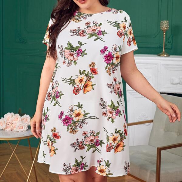 

Plus Floral Print Dress, White