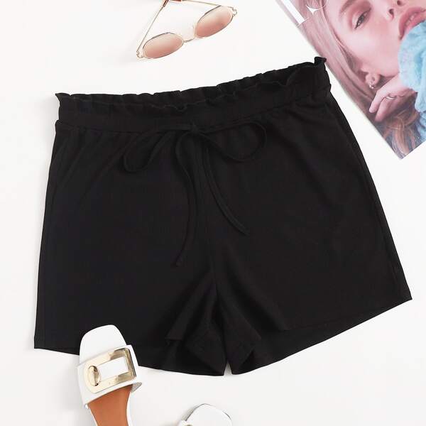 

Plus Frill Waist Knot Front Biker Shorts, Black