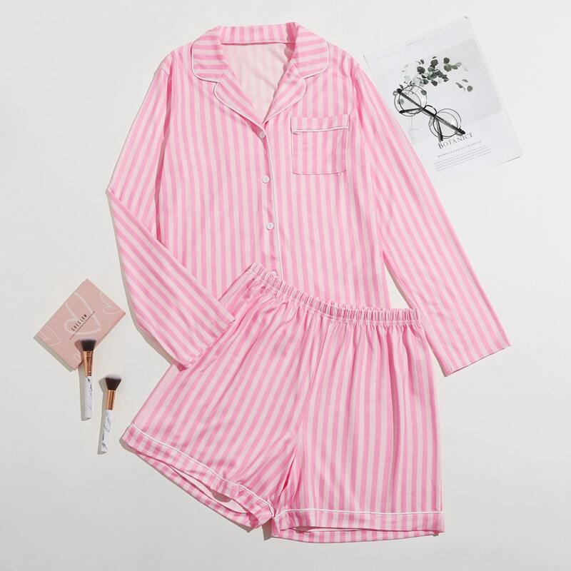 

Stripe Button Front PJ Set, Pink