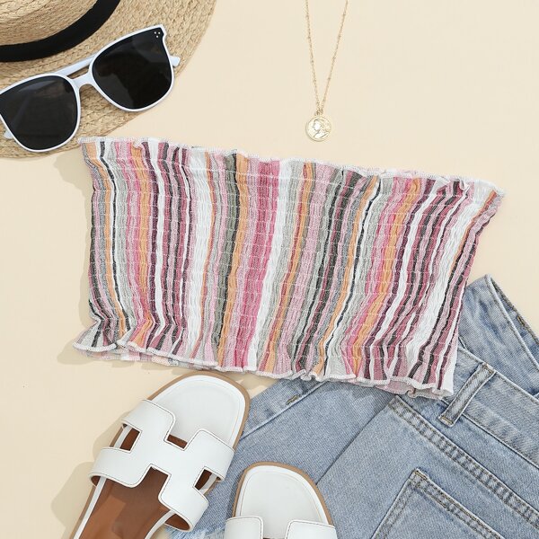 

Frill Trim Striped Shirred Tube Top, Multicolor