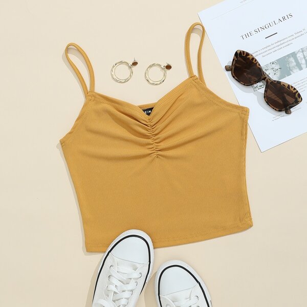 

Ruched Front Rib-knit Cami Top, Mustard yellow