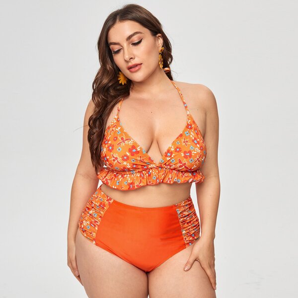 

Plus Floral Ruffle Bikini Swimsuit, Orange