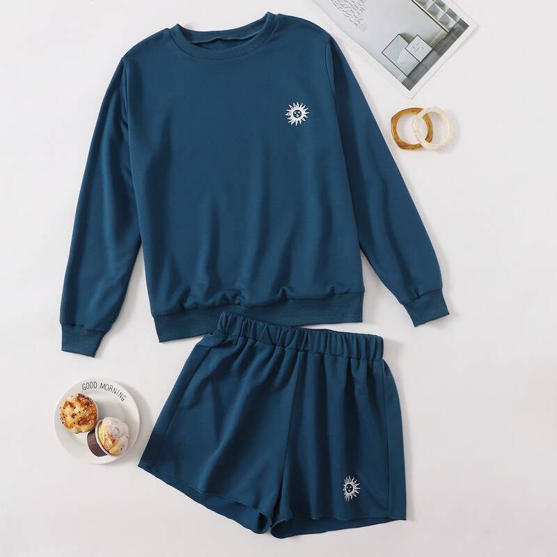 

Sun Graphic Sweatshirt & Shorts Lounge Set, Navy blue
