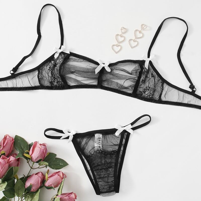 

Mesh Ruched Sheer Lingerie Set, Black