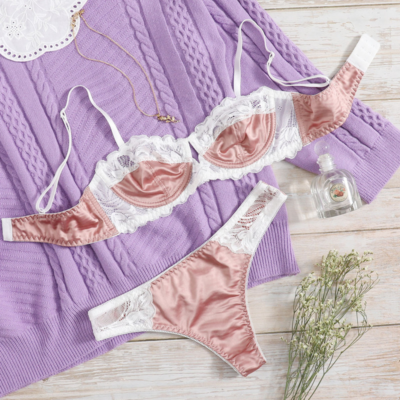 

Contrast Lace Satin Push Up Lingerie Set, Dusty pink