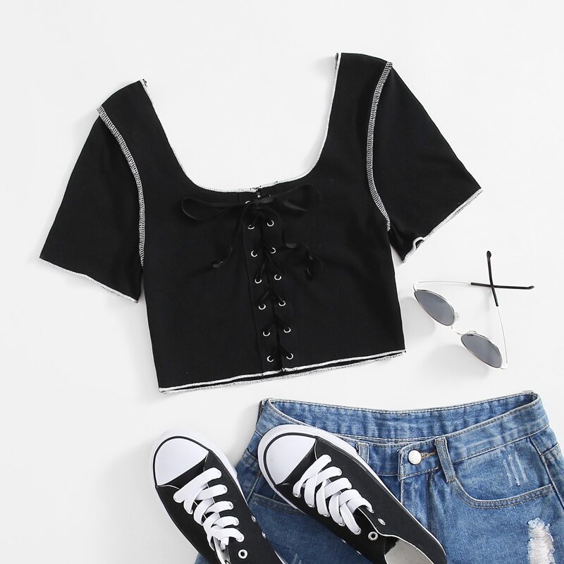 

Grommet Lace Up Front Contrast Stitch Top, Black