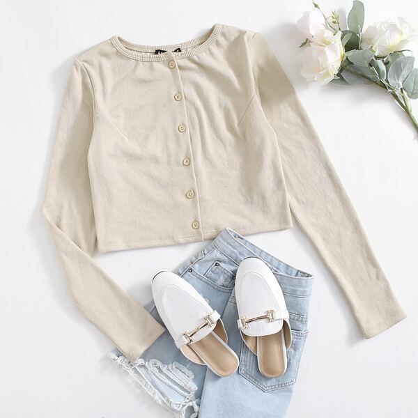 

Buttoned Front Solid Tee, Beige