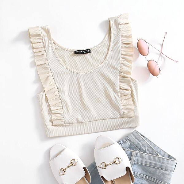 

Ruffle Trim Rib-knit Tank Top, Beige