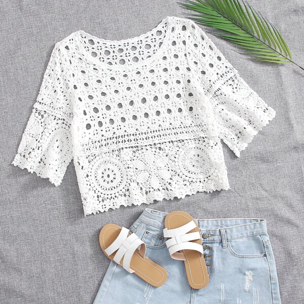 

Solid Crochet Cover Up, White