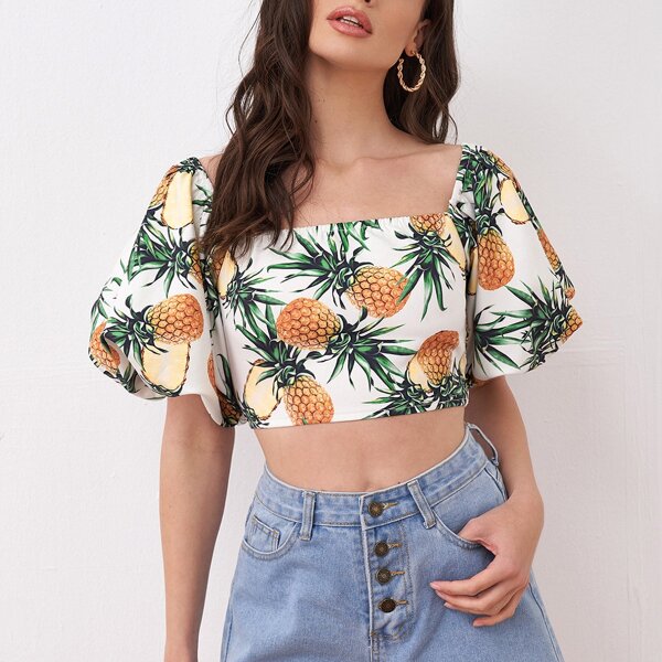 

Pineapple Print Shirred Back Crop Top, Multicolor