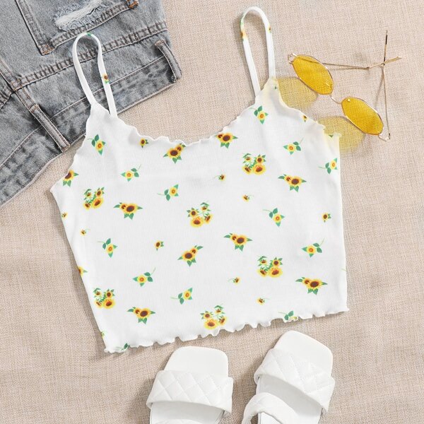 

Floral Lettuce Trim Cami Top, White