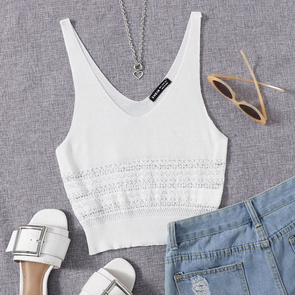 

Double V Neck Open Knit Top, White