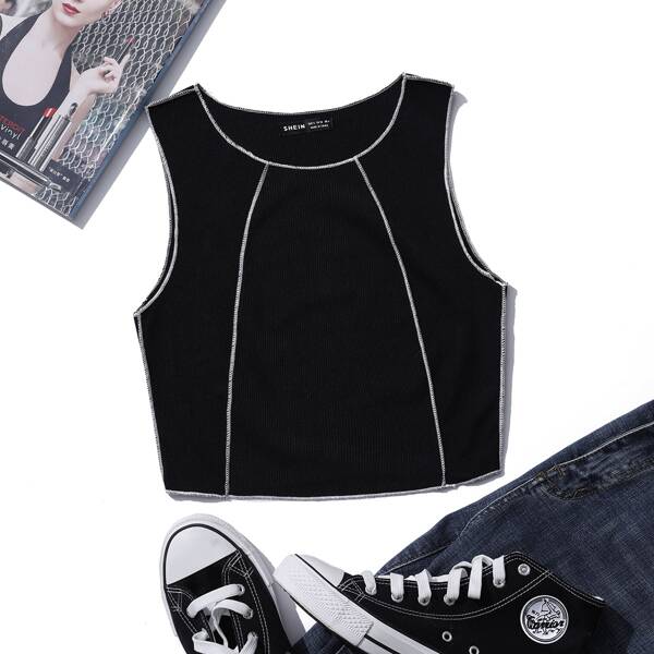 

Contrast Stitch Detail Tank Top, Black