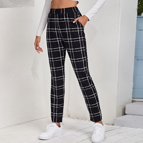 

Plaid Elastic Waist Pants, Black