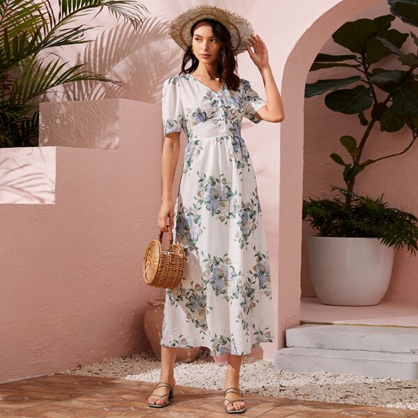 

Floral Print Puff Sleeve High Waist Dress, White