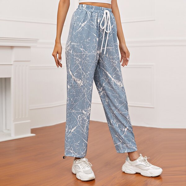 

Marble Print Drawstring Waist Pocket Pants, Dusty blue