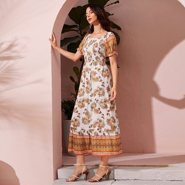 

Paisley Print Square Neck Shirred Dress, Multicolor