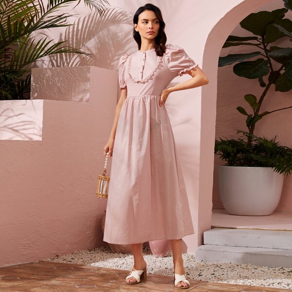 

Solid Guipure Lace Trim Puff Sleeve Dress, Baby pink