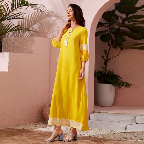 

Tie Neck Lace Panel Dress, Yellow