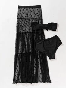 3packs Knot Front Bandeau Bikini Set & Dobby Mesh Cover Up Summer Beach