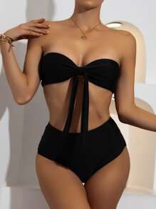 3packs Knot Front Bandeau Bikini Set & Dobby Mesh Cover Up Summer Beach