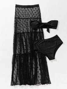 3packs Knot Front Bandeau Bikini Set & Dobby Mesh Cover Up Summer Beach