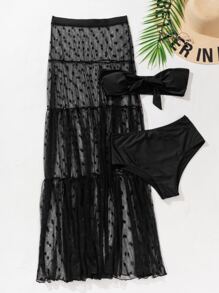 3packs Knot Front Bandeau Bikini Set & Dobby Mesh Cover Up Summer Beach