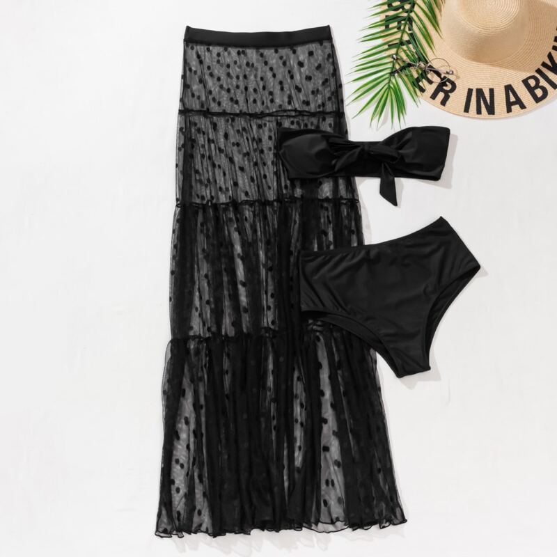 

3pack Knot Front Bandeau Bikini Swimsuit & Dobby Mesh Cover Up, Black