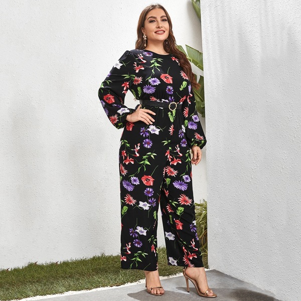 

Plus Floral Zipper Back Jumpsuit Without Belt, Multicolor